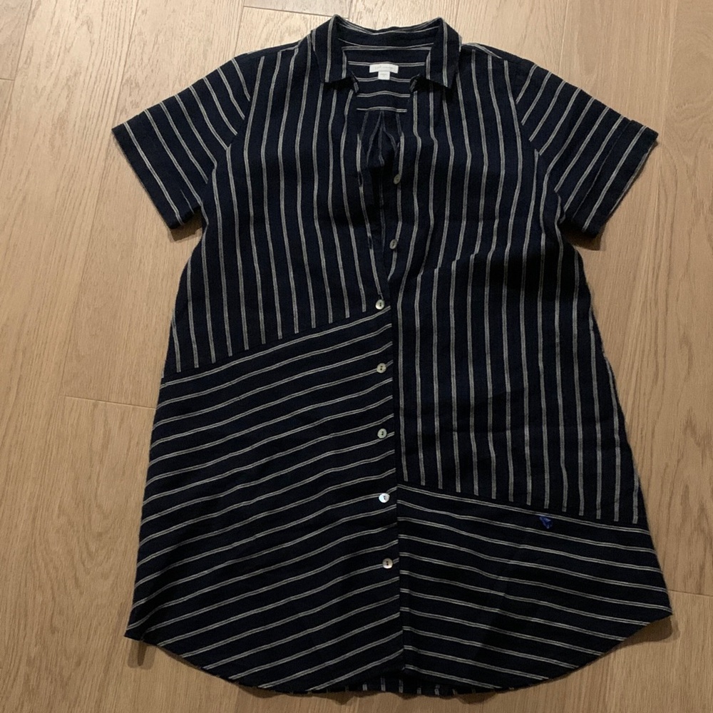 J. Jill Linen Navy and White Striped Button-Front Shirt Dress